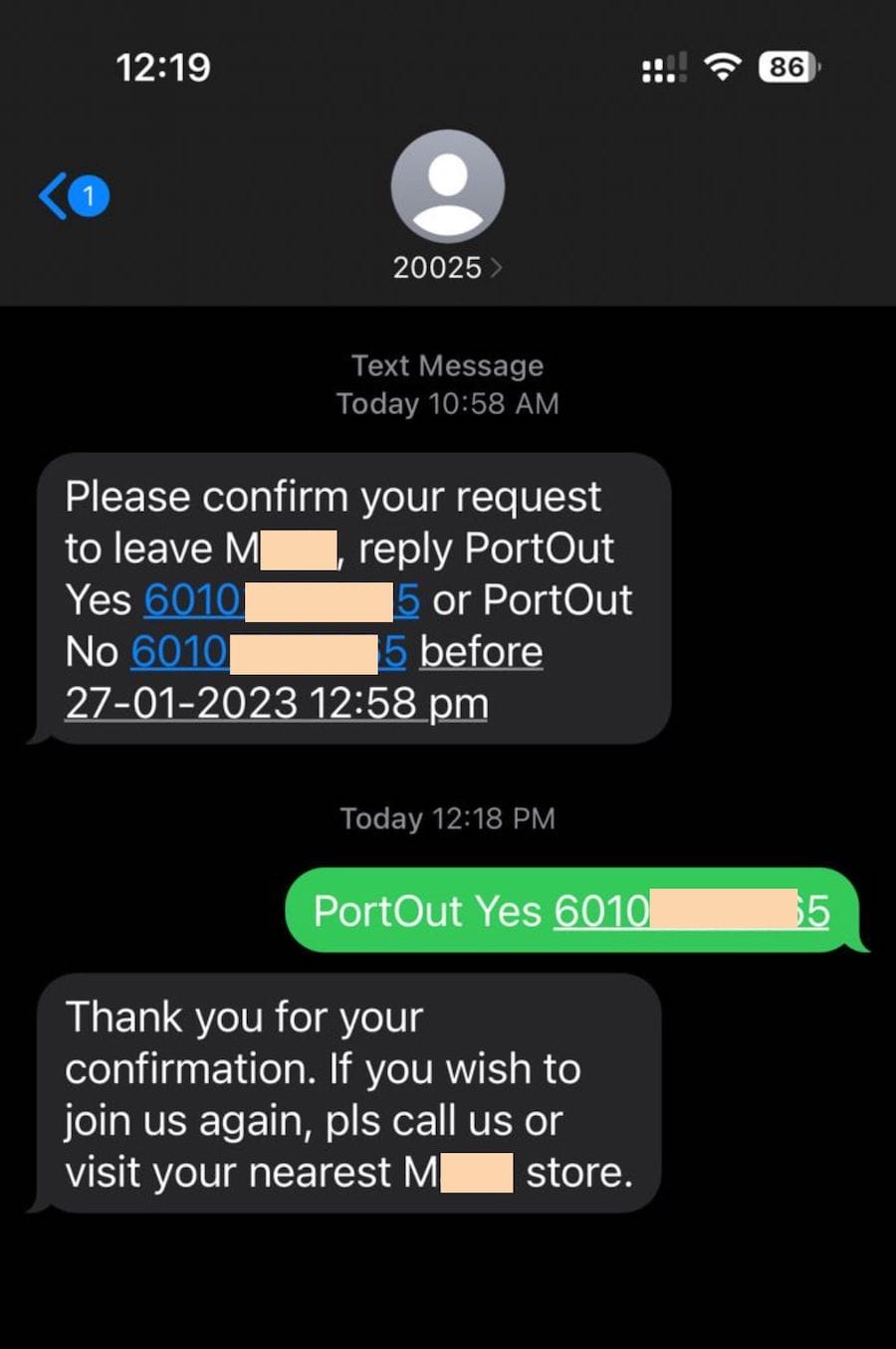 Maxis MNP Donor sms sample